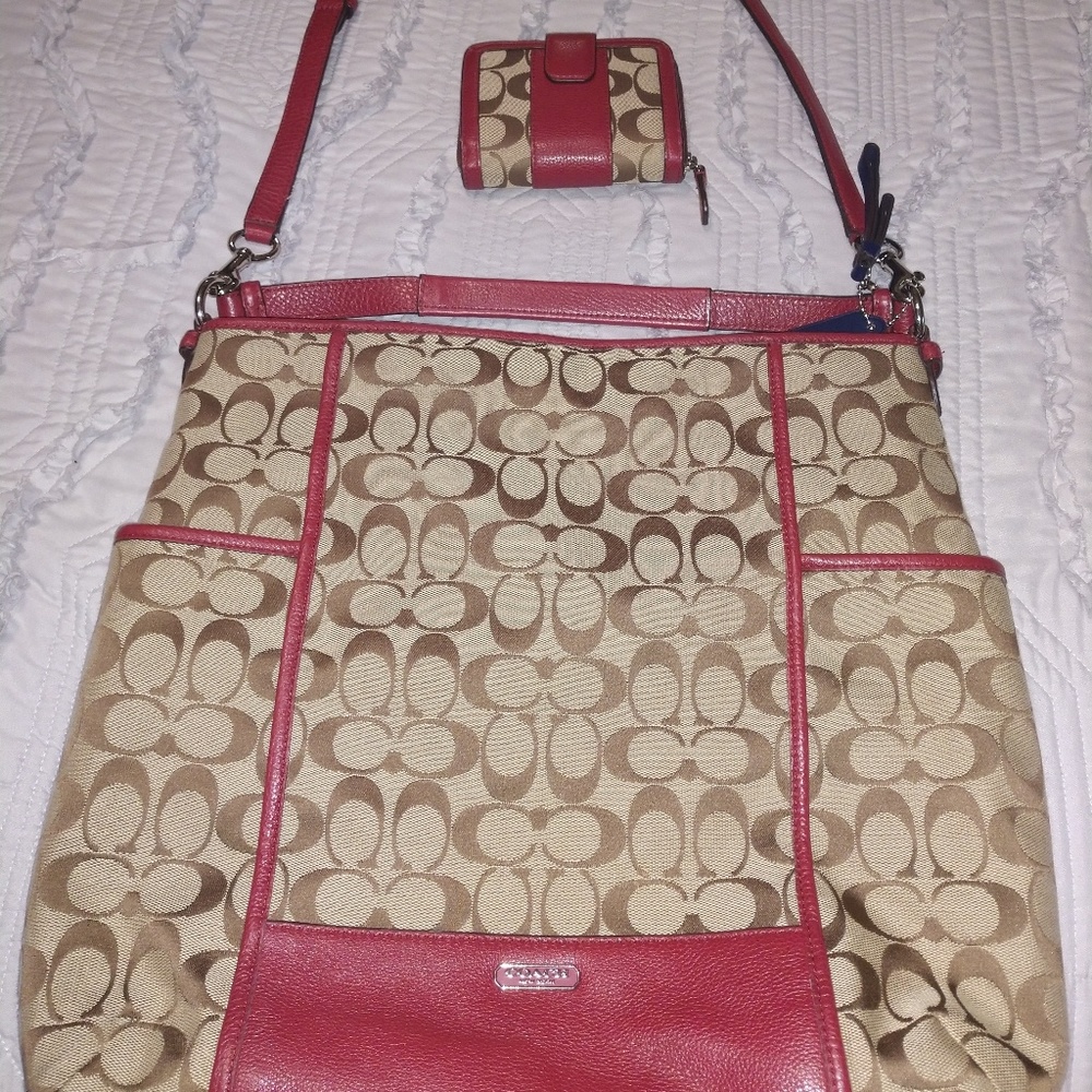 Red and khaki Coach purse and wallet